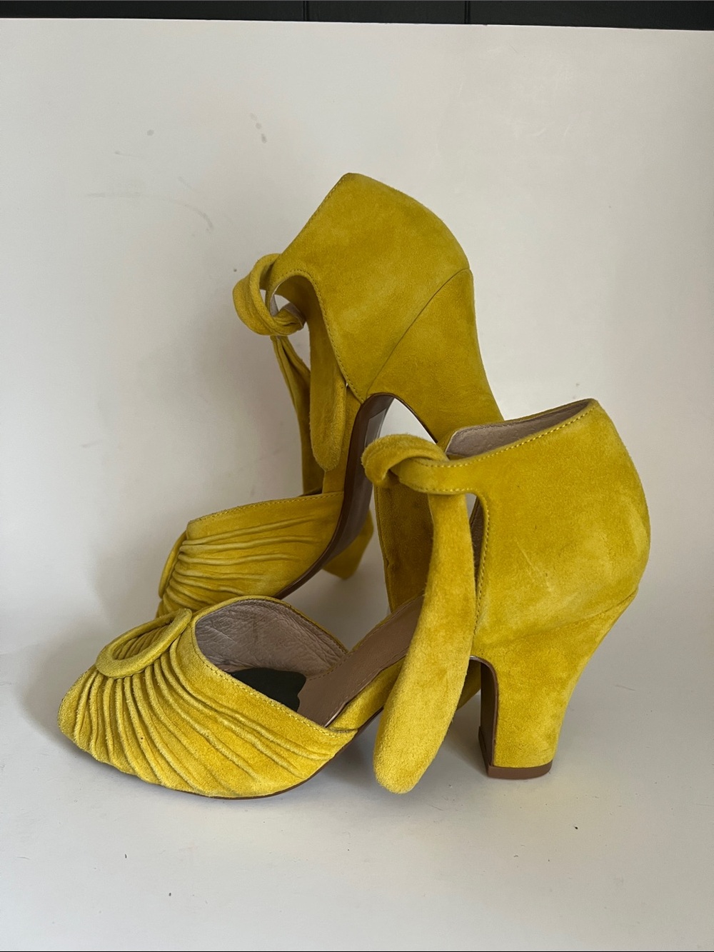 Chartreuse Yellow Suede Peep-Toe Heels with Decorative Ring